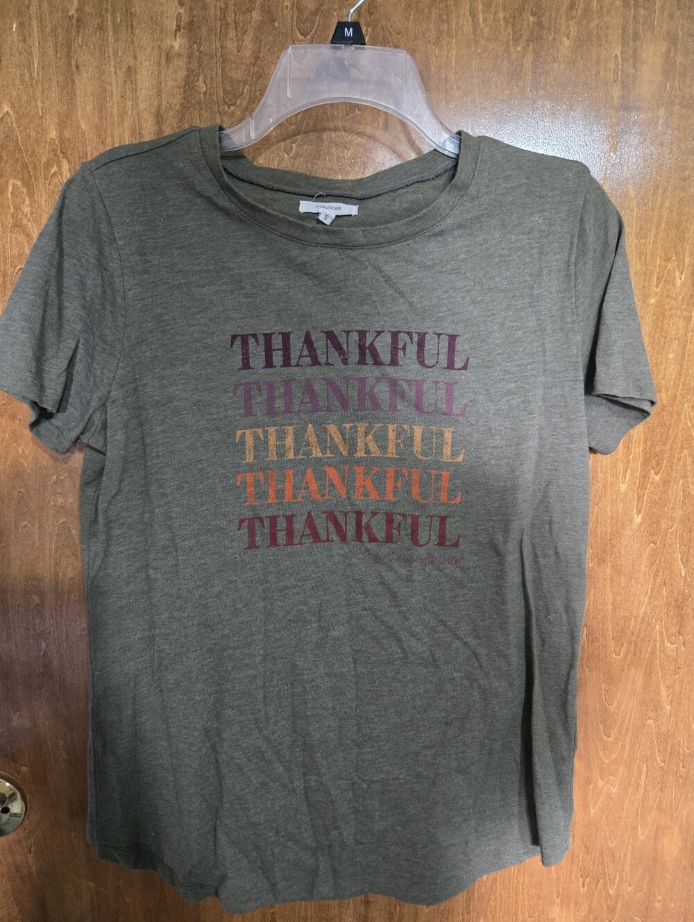 Maurices Olive Green 'Thankful' Short Sleeve Tee with Multicolor Text